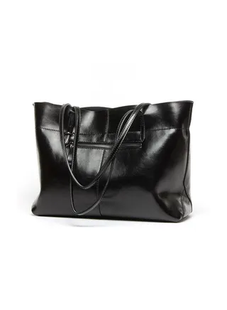 Genuine Leather Tote Shoulder Bag Black 