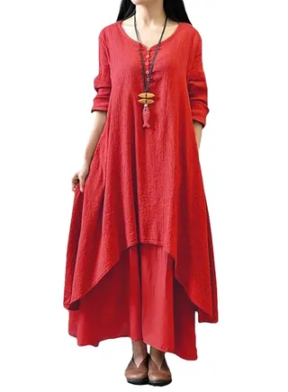 New Fashion Solid Long Sleeves Boho Long Maxi Dress G8214R Red 