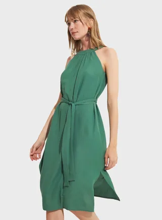 Halter Neck Tie Detail Side Slit Dress