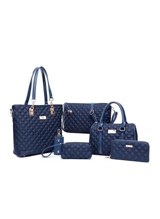 6 Piece Leather Tote Bag Set Blue 