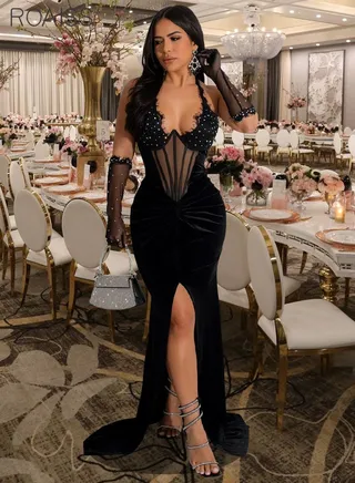 Fashionable Party Dress Women'S Velvet Rhinestone Formal Occasion Halter Neck Backless Dress 