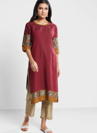 Sleeve Print Embroidered Kurti 
