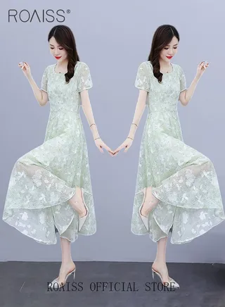 Women Lace Dress V Neck Dress Formal Elegant Dress Party Short Sleeve Dress Solid Color Summer Beach Dress Elegant Chiffon Dresses 