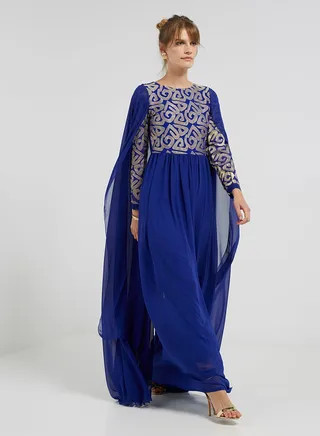 Flared Hemline Long Sleeves Maxi Dress Blue/Gold 