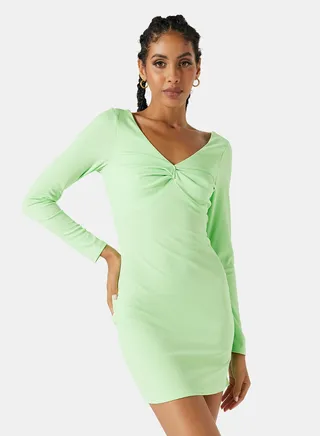 Ruched V Neck Mini Dress Sage Green 