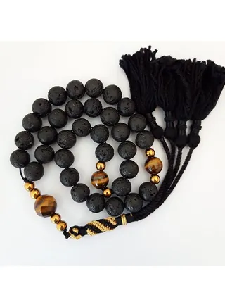 Tasbeeh Men Gift Natural Volcanic Lava, Tiger Eye Smooth and Crafted Rosary Prayer Beads 