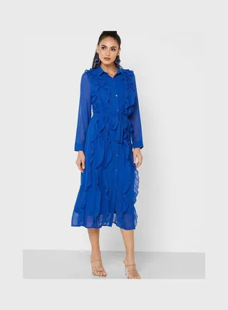 Frill Detail Button Down Dress Blue 
