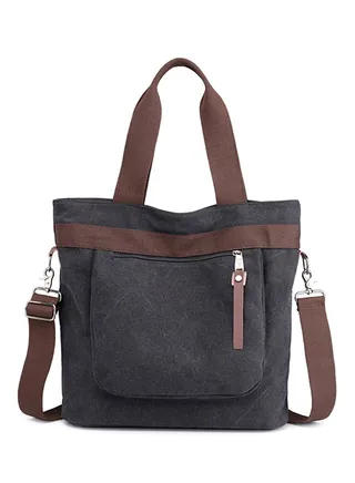 Adjustable Strap Canvas Shopper/Tote Black 