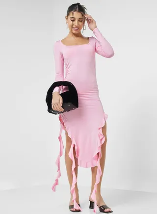 Bodycon Assymetrical Frill Detail Dress 