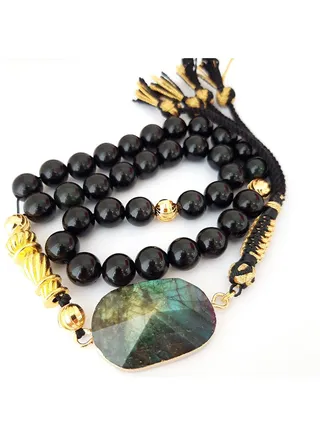 Tasbeeh Men Gift Natural Onyx and Labradorite 18k Gold Plated Rosary Prayer Beads 