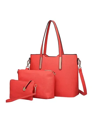 3-Piece Faux Leather Tote Set Red 