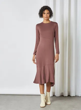 Asymmetrical Hem Midi Dress Dark Brown 