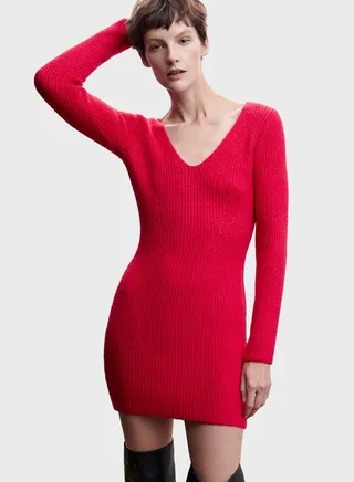 Ribbed V-Neck Dress 