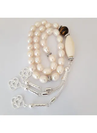 Tasbeeh Men Gift Natural Pearl, Coral and Crafted Tiger Eye Rosary Prayer Beads 