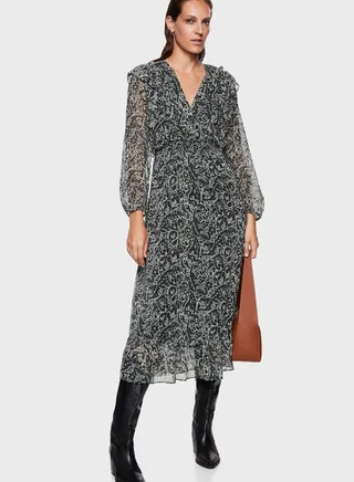 Side Slit Puff Sleeve Printed Dress 
