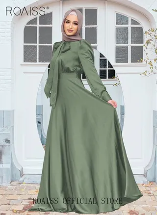 Women's Silk Dress Satin Long-Sleeved Dress Fashion Large Hemline High Waistline Trailing Floor 