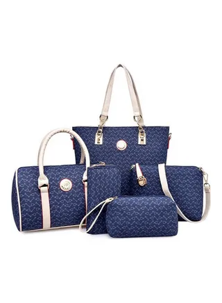 5-Piece Printed Handbag Set Blue/White 