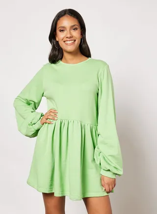 Balloon Sleeve Sweater Dress Green 