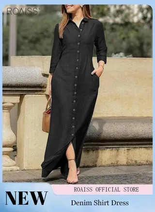 Women's Casual Shirt Dress Loose Fit Button Closure Dress With Pockets On Both Sides Lightweight Long Dress 