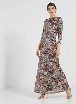 Sequin Detailed Three Quarter Sleeves Maxi Dress Multicolour 