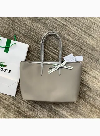 Lacoste Women's Concept Fashion Versatile Large Capacity Zipper Handbag Tote Bag Shoulder Bag Large Size Linen grey 