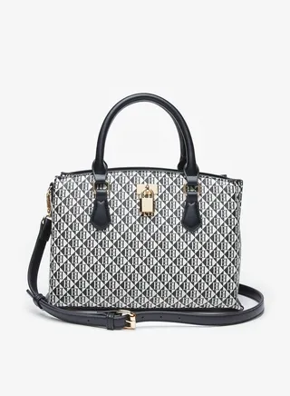 Women's All-Over Monogram Print Tote Bag with Top Handles and Zip Closure