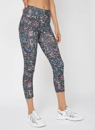 Women's Mid Rise Sports Training Workout Cropped Length Stretch Leggings With Elastic Waist And All Over Print Multicolour 