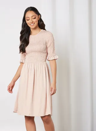 Smocked Bodice Dress Almond Buff 