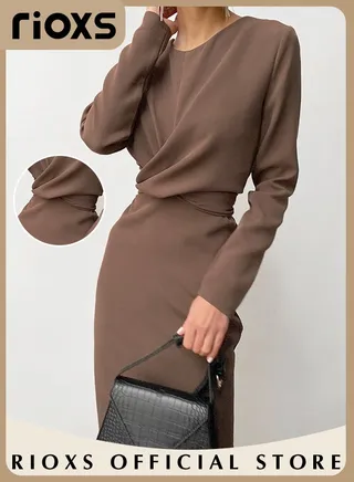Women's Fashion Slim Dress Long Sleeve Round Neck Bodycon Sheath Dress Casual Solid Pencil Dress 