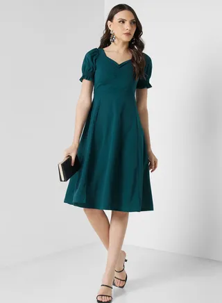 Puff Sleeve Dress With Slit 