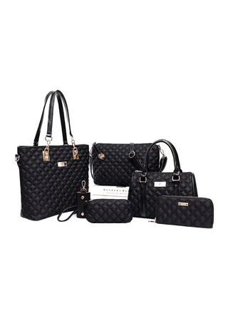 6 Piece Leather Tote Bag Set Black 