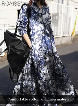 Women's Fashionable Printed Shirt Dress Comfortable Cotton Linen Material Large Hem Holiday Dress Casual Loose Fitting Long Sleeved Dress 