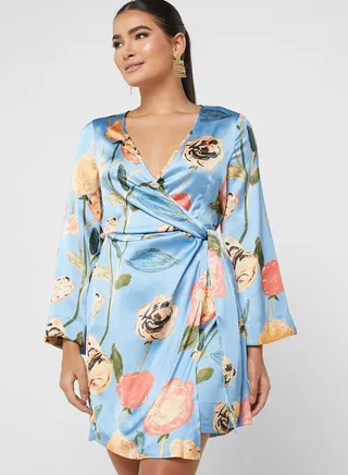 Floral Printed Surplice Neck Dress 