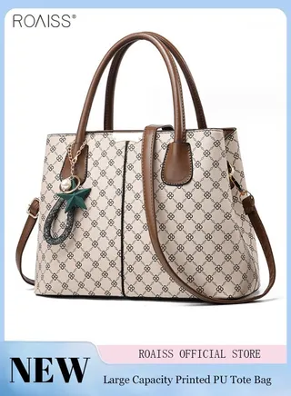 Women's Printed Large Capacity Handbag Fashionable Retro Pu Leather Patchwork Shoulder Bag Detachable Strap Crossbody Bag 