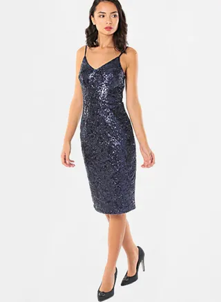 Floral Embroidered Sequin Dress Navy 