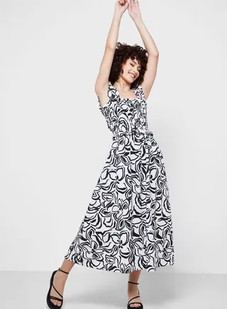 Cut Out Back Printed Shirred Dress 