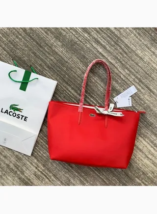 Lacoste Women's Concept Fashion Versatile Large Capacity Zipper Tote Bag Large Size Red 
