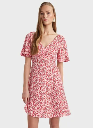 V-Neck Floral Mini Short Sleeve Woven Dress 