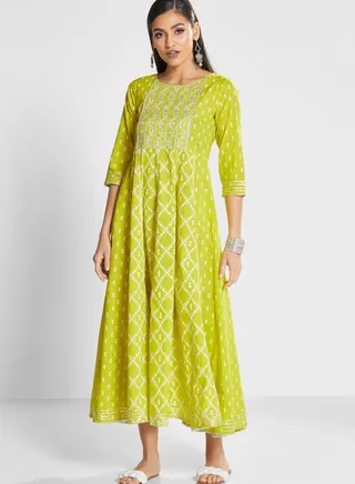 Printed Lace Detail Embellished Dress 
