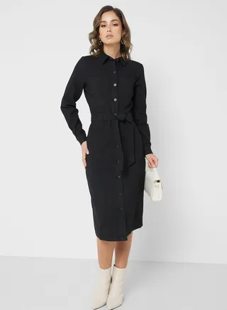 Belted Pocket Detail Denim Dress 
