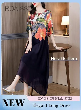 Women Light Floral Dress Women Korean Elegant Loose Waist Dress Summer Vintage Ladies Loose Summer Dress Lapel V Neck Short Sleeve A Line Hemline Contrasting Causal Maxi Dresses 