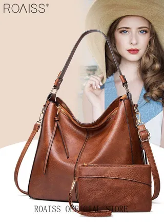 Large Crossbody Bags Ladies Shoulder Handbags Purse Set for Women Hobo Totes PU Leather Purses and Handbags Shoulder Bag Vegan Leather Tote Brown 