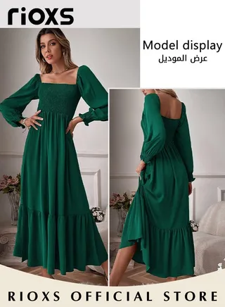 Women's Elegant Square Neck Long Sleeve Dress Ruffle High Waist Open Cuff Dress Fashion Bodycon Maxi Dress 