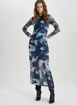 Bodycon Round Collar Batic Tulle Midi Long Sleeve 
