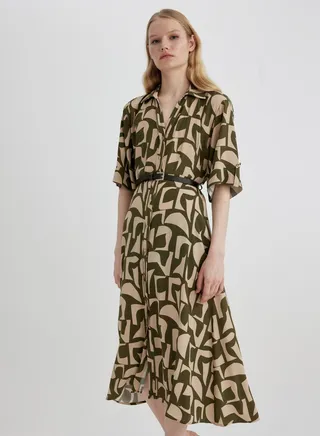 Shirt Collar Printed Midi Short Sleeve Woven Dress