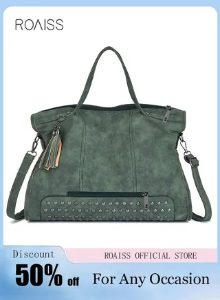 Large Capacity Tote Lot Handbag Travel Retro Rivet Tassel Crossbody Shoulder Bags with Long Strap for Women Green 