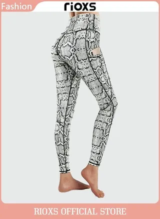Women's High Waisted Printed Skinny Yoga Pants Sports Leggings Snake Pants With 2 Side Pockets 