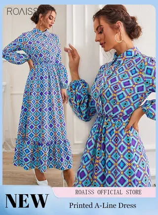 Women'S Printed A-Line Dress Fashionable Long Sleeved Classic Lapel Design Contrast Ankle Length Holiday Dress 
