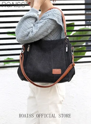 Large Capacity Shoulder Tote Bag Casual Canvas Handbag Crossbody with Long Strap Multi Pocket for Young Women Teenagers School Shopping 