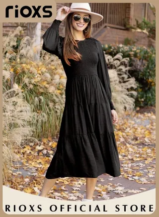Women Casual Long Sleeve Crew Neck Fall Dress Bohemian Relaxed Fit Flowy Maxi Dresses Tiered Cocktail Dress 